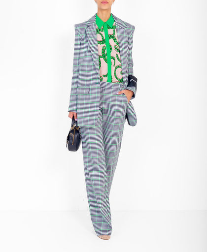 Outfit con il pantalone a palazzo Marco Bolgona in misto cotone con stampa check verde bianco e nero a vita regular