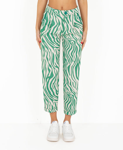 Pantalone verde zebrato Silvian Heach in viscosa lurex  a vita alta  con risvolto al fondo