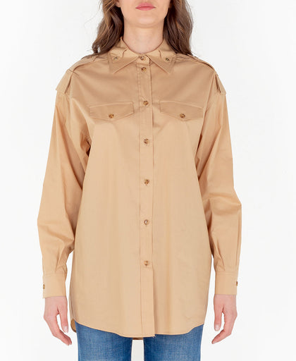 Camicia cammello Elisabetta Franchi con colletto doppio con bottoni light gold e manica lunga con polsino e alamari sulle spalle