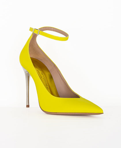 Decollete giallo fluo Sergio Levantesi in pelle con cinturino alla caviglia e tacco a spillo in metallo alto 10 cm