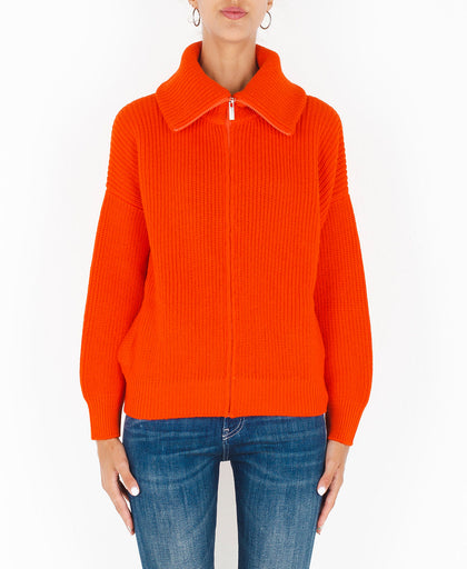 Cardigan arancione Liviana Conti in lana vergine a collo alto e chiusura con zip