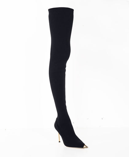 Stivale nero alto Elisabetta Franchi a calza in tessuto elasticizzato con dettaglio in simil pelle sul dietro con micro logo