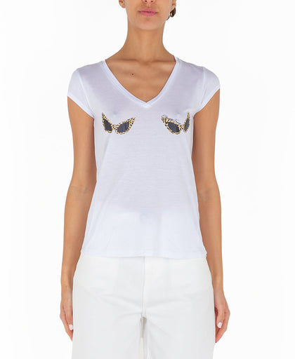 T shirt bianca Elisabetta Franchi in modal con scollo a V a manica corta e dettaglio stampa frontale occhiali