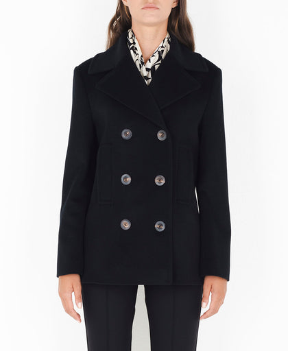 Cappotto corto doppiopetto nero Breras in lana vergine con rever e tasche verticali profilate
