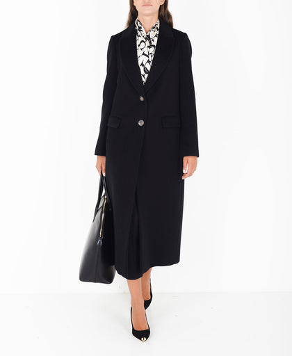 Outfit con il cappotto lungo monopetto nero Breras in lana vergine con rever a manica lunga e spacco dietro