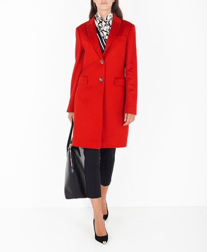Outfit con il cappotto rosso monopetto Breras in lana vergine scollato a V con rever e taschino profilato e tasche con patta