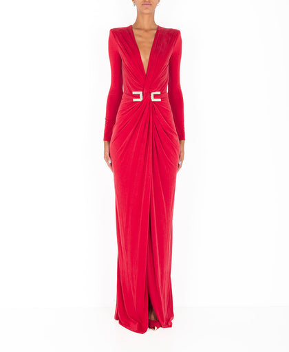 Vestito lungo rosso Elisabetta Franchi in cupro con scollo profondo a V e manica lunga con spallina imbottita e maxi spacco frontale