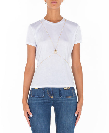 T shirt bianca Elisabetta Franchi a manica corta con dettaglio body chain separabile con perla sintetica logata