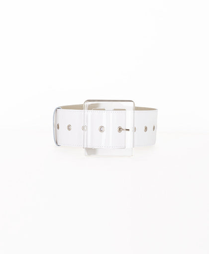 Cintura bianca da vita Aniye By in vinile con fibbia in plexi trasparente