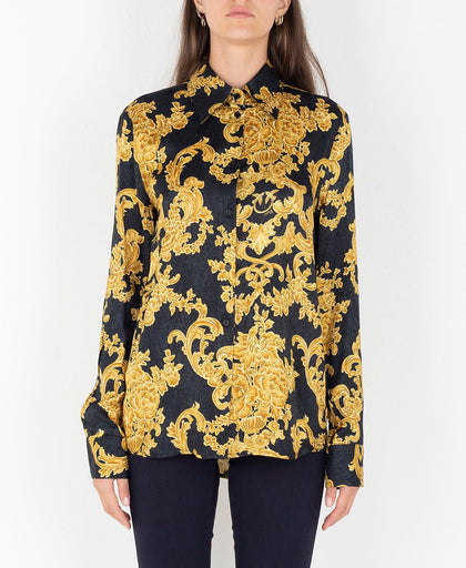 Camicia nera Pinko in viscosa jacquard con stampa floreale dorata