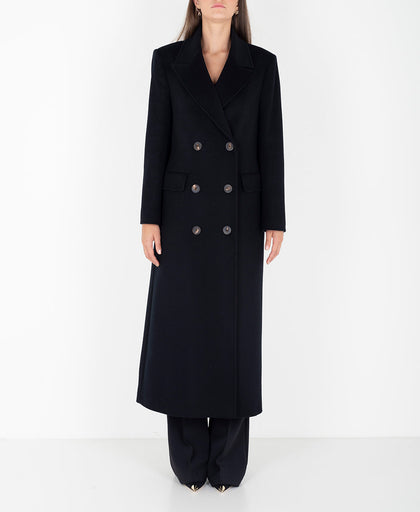 Cappotto lungo doppiopetto nero Breras in lana vergine con spallina imbottita e martingala e spacco dietro