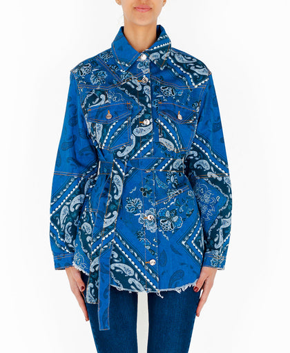Giacca Liu Jo in denim di cotone con stampa foulard e con fusciacca in tono separabile