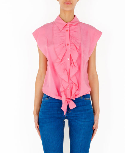 Camicia rosa Silvian Heach in viscosa e lino con spalla scesa e dettaglio rouches e nodo al fondo