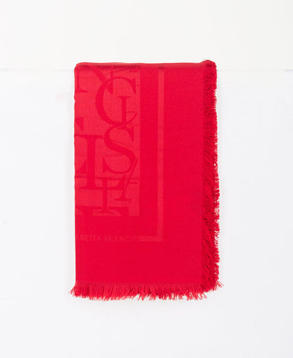 Sciarpa rossa Elisabetta Franchi in misto viscosa con motivo jacquard lettering logo tono su tono e bordi sfrangiati