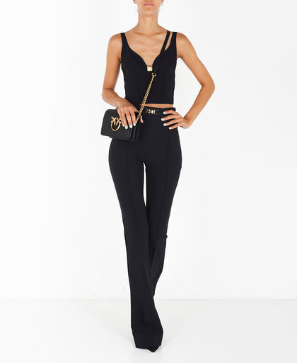 Outfit con il pantalone lungo flare nero Elisabetta Franchi in crepe a vita alta con dettaglio logo diamantato light gold