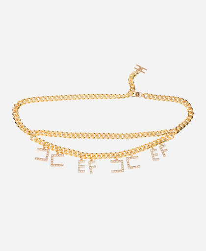 Cintura Elisabetta Franchi in metallo light gold con charms logo pendenti con strass