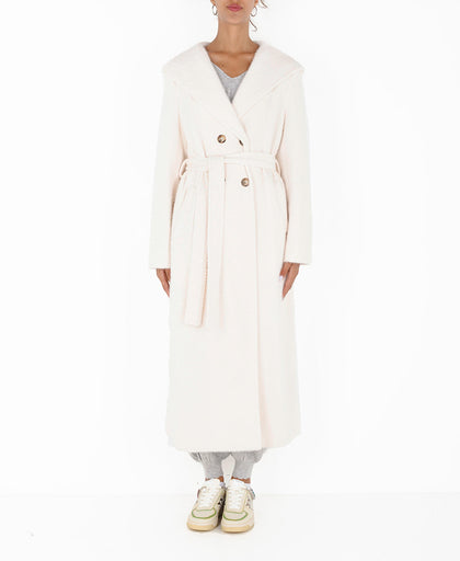 Cappotto bianco Silvian Heach in panno punto pelliccia con cappuccio e cintura separabile in vita