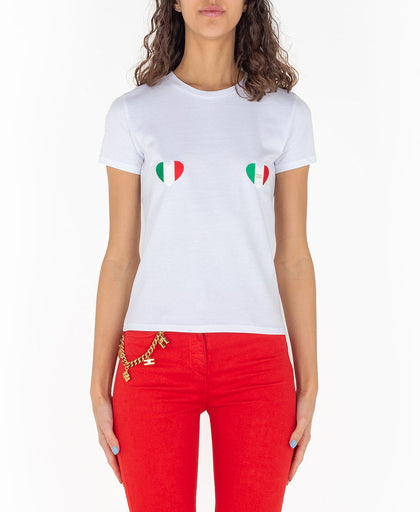 T shirt bianca Elisabetta Franchi in cotone con ricami cuore logato bandiera italiana frontale sul seno