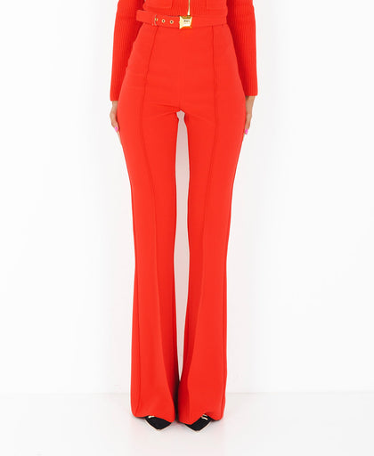 Pantalone flare rosso Elisabetta Franchi a vita alta con passanti e cintura separabile in similpelle e tessuto