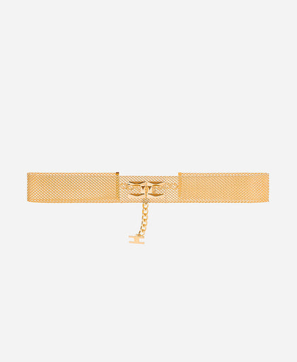 Cintura oro Elisabetta Franchi in metallo light gold con lavorazione a maglia e logo diamantato light gold frontale