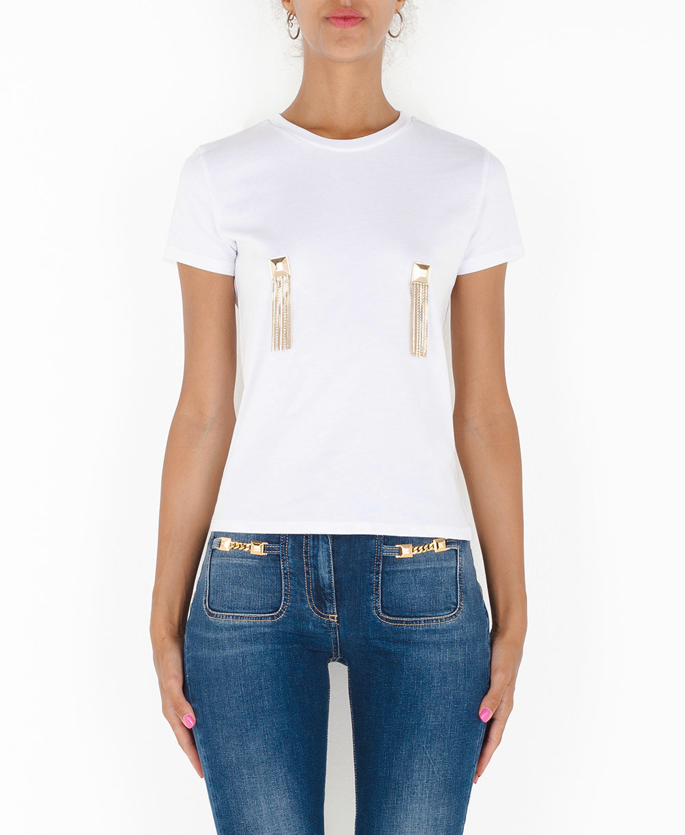 ELISABETTA FRANCHI T-shirt con catene pendenti e borchie dorate MA01126E2