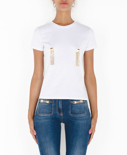 T shirt gesso Elisabetta Franchi in cotone con dettaglio logo diamantato con catene pendenti