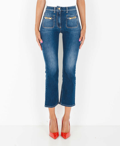 Jeans flare Elisabetta Franchi in denim a vita alta con tasche applicate frontali con morsetto logo