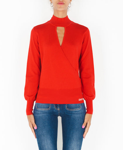 Maglia rossa Elisabetta Franchi in lana a collo alto con dettaglio cut out e manica lunga e profili con lavorazione a costina
