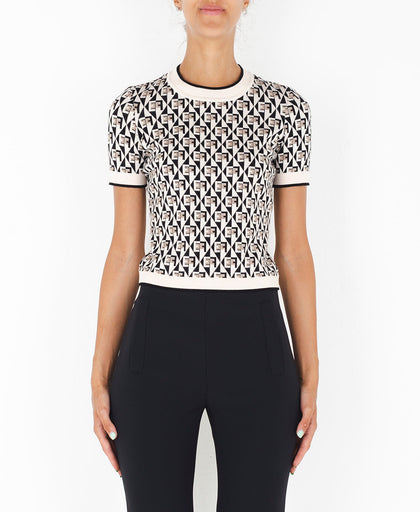 T shirt Elisabetta Franchi in maglia con stampa logo monogram effetto disegno rombi a manica corta con profili a contrasto