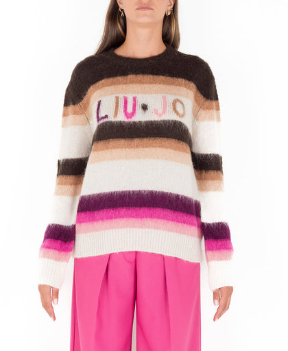 Maglia rosa Liu Jo in misto lana alpaca con lavorazione a righe e interventi in fili lurex e logo frontale