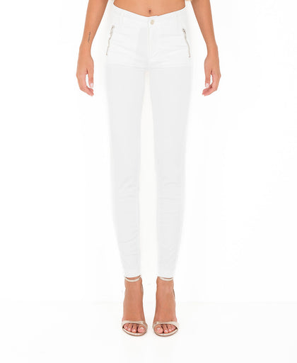 Pantalone skinny bianco Liu Jo in cotone a vita alta con tasche verticali con zip e finte tasche profilate dietro