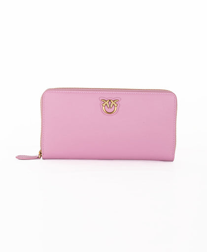 Portafoglio rosa Pinko in pelle con portacarte e tasca portamonete e dettaglio logo in metallo dorato Love Birds