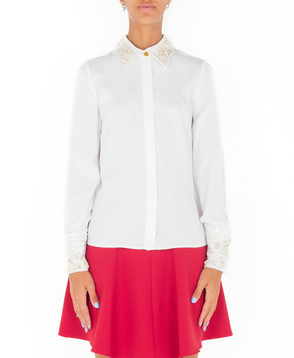 Camicia avorio Elisabetta Franchi in  a manica lunga con fondo leggermente a sbuffo con polsino e colletto con applicazione in perle sintetiche