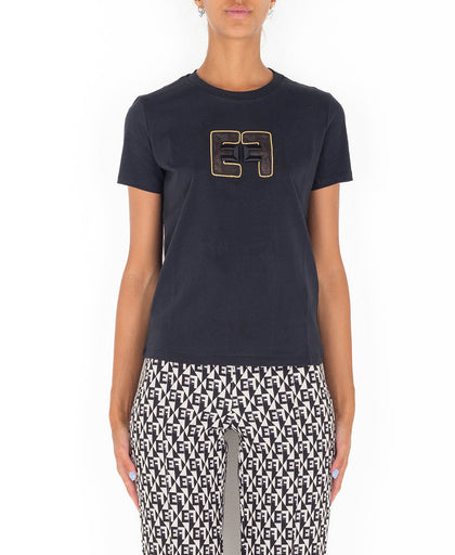 T shirt nera Elisabetta Franchi a manica corta con dettaglio logo frontale con profilo in micro catena