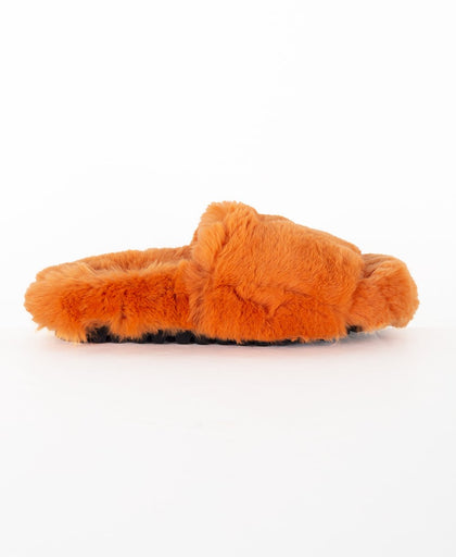 Vista laterale della ciabatta arancio Eddy Daniele in similpelliccia con interno in pelle e fondo in gomma