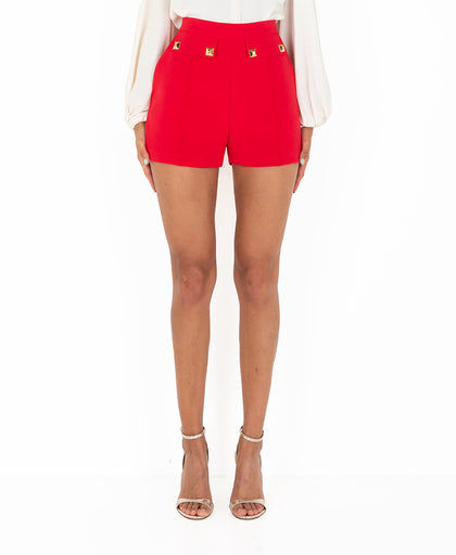 Shorts rossi Elisabetta Franchi a vita alta e finte patte con dettaglio borchie diamantate in metallo light gold