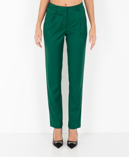 Pantalone verde Silvian Heach in crepe con strass tono su tono a vita alta con taglio dritto e piega stirata
