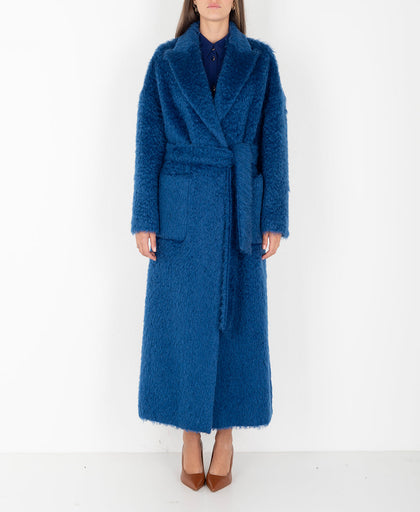 Cappotto blu Breras in misto lana mohair e lana vergine con spacchi laterali e chiusura con bottone interno e fusciacca abbinata