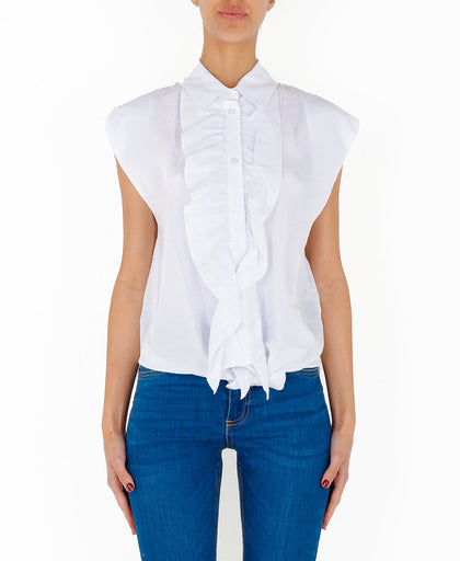 Camicia bianca Silvian Heach in viscosa e lino con spalla scesa e dettaglio rouches e nodo al fondo